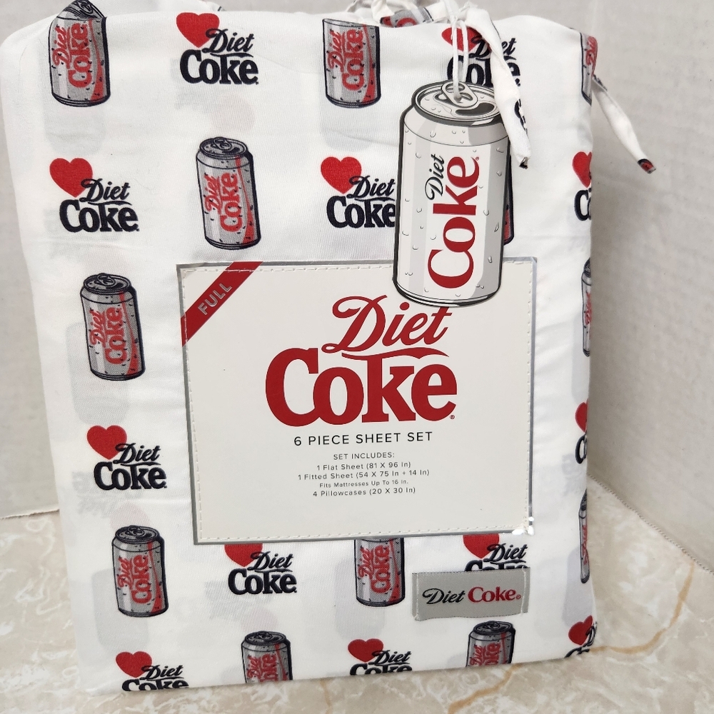 Diet Coke Sheet Set 6pc Flat Fitted Pillowcases Full Size New Teen Funky White